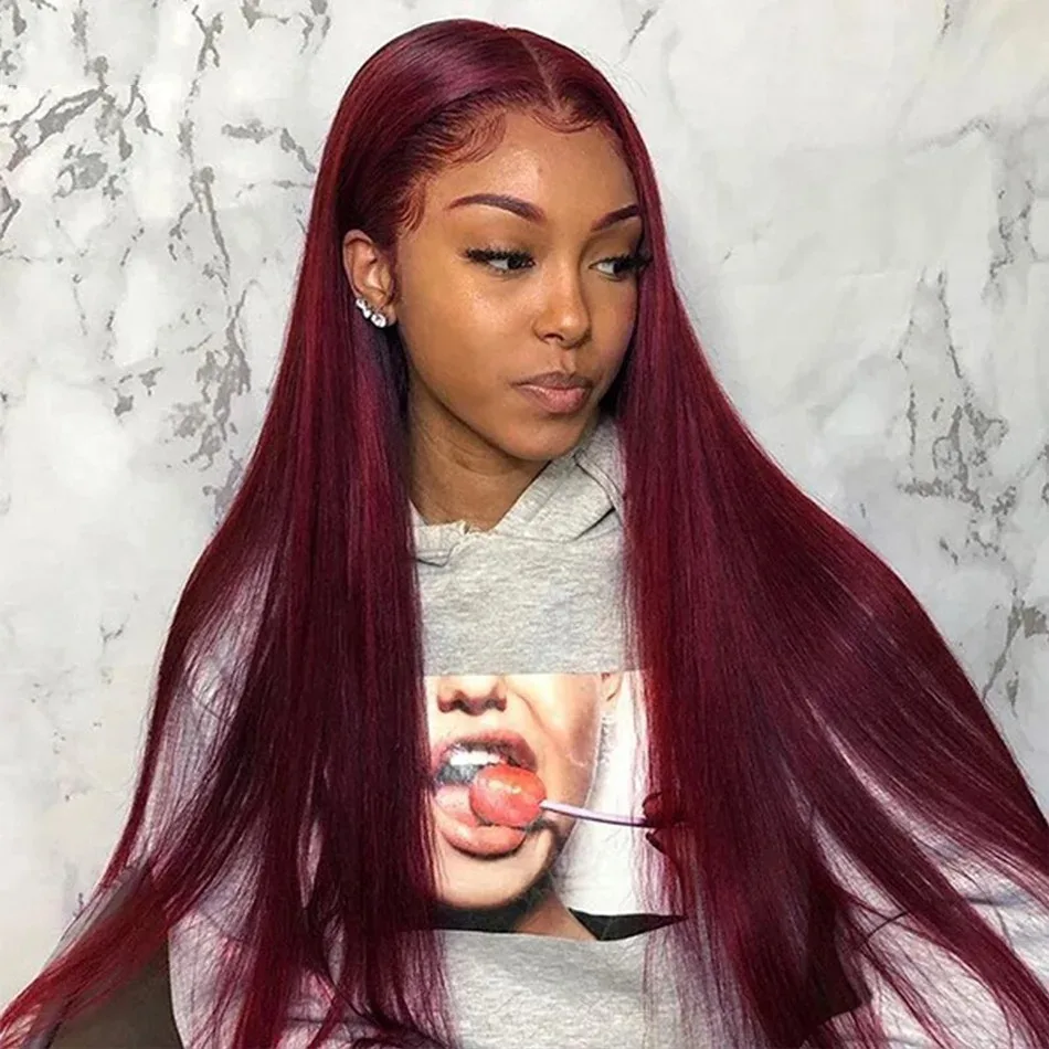 Red Burgundy 99J Transparent 13x6 Lace Front Human Hair Wig Burgundy Straight Wig 13x4 HD Lace Frontal Wig For Women Colored Wig