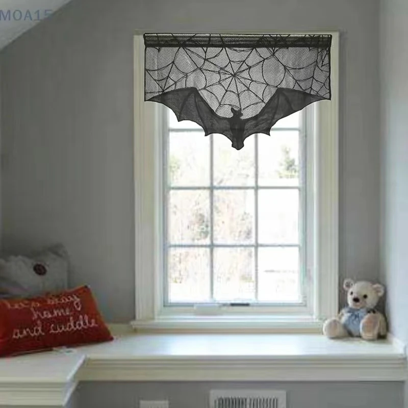 1 Stück Halloween-Spitzenvorhang, schwarzer Fledermaus-Spinnen-Tischdecken-Schornsteinmantel-Schal, Halloween-Dekoration für Zuhause und Zimmer, Spinnennetz-Horror-Dekoration – Detail 7