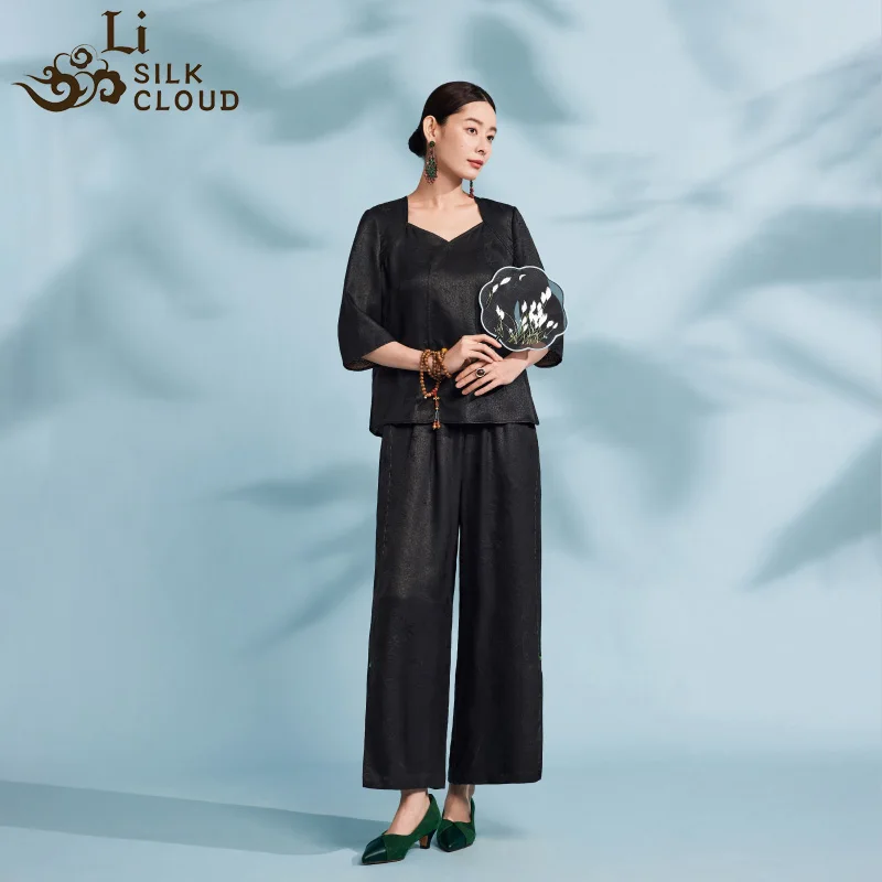 Li SILK CLOUD Noble Xiangyunsha Silk Blouse Women Handmade Button Jacquard Elegant Chinese Traditional Loose Top