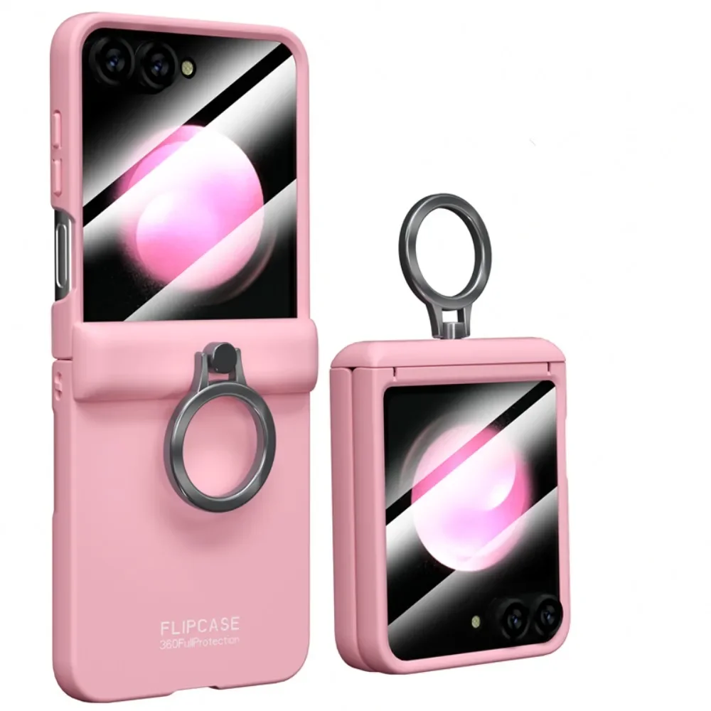 

For Samsung Galaxy Z Flip 6 Case Colorful Skin Friendly Matte Folding Hinge Ring Bracket With Mirror Film Shockproof Hard Cover