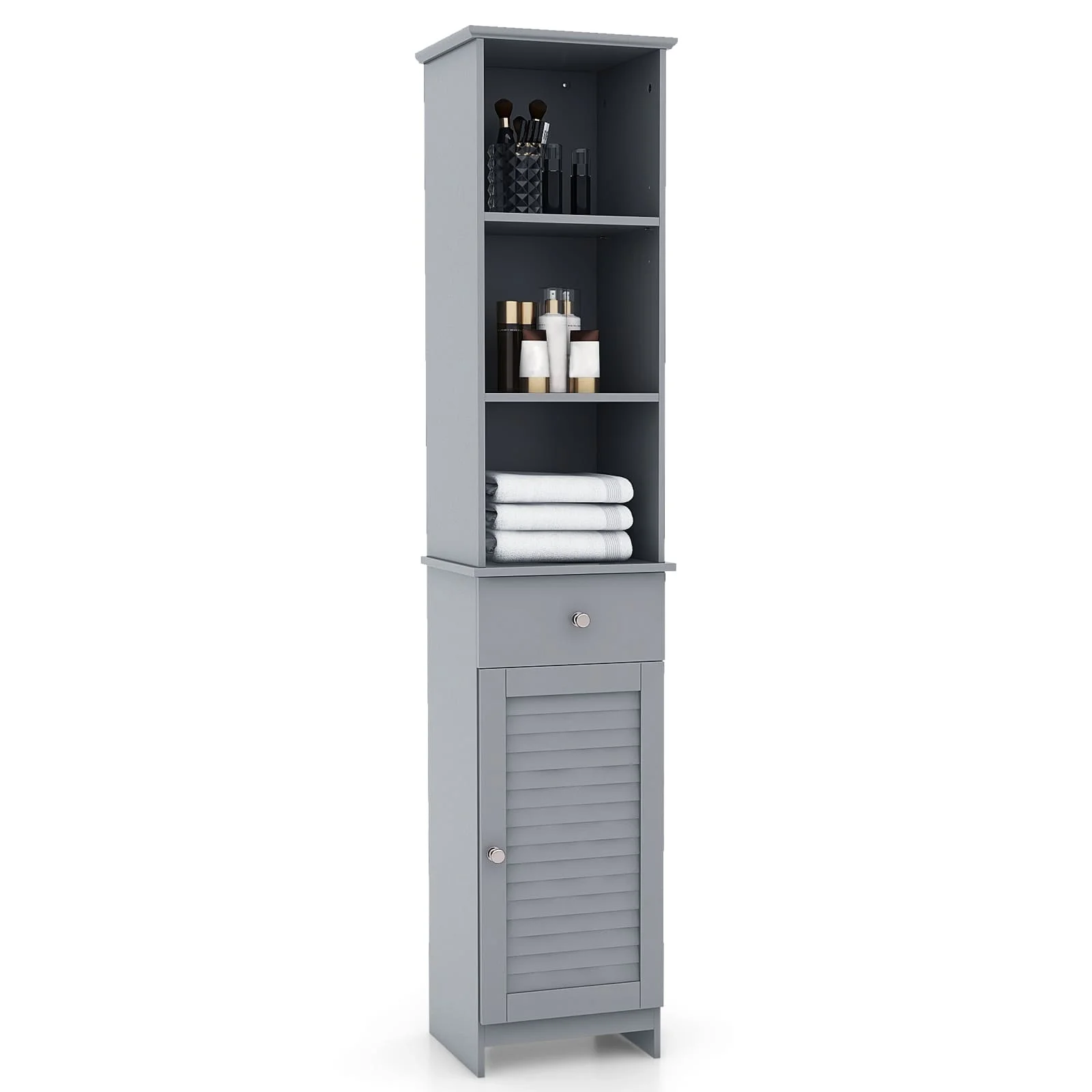 GOFLAME Freestanding Bathroom Storage Cabinet with 3 Open Shelves-Grey