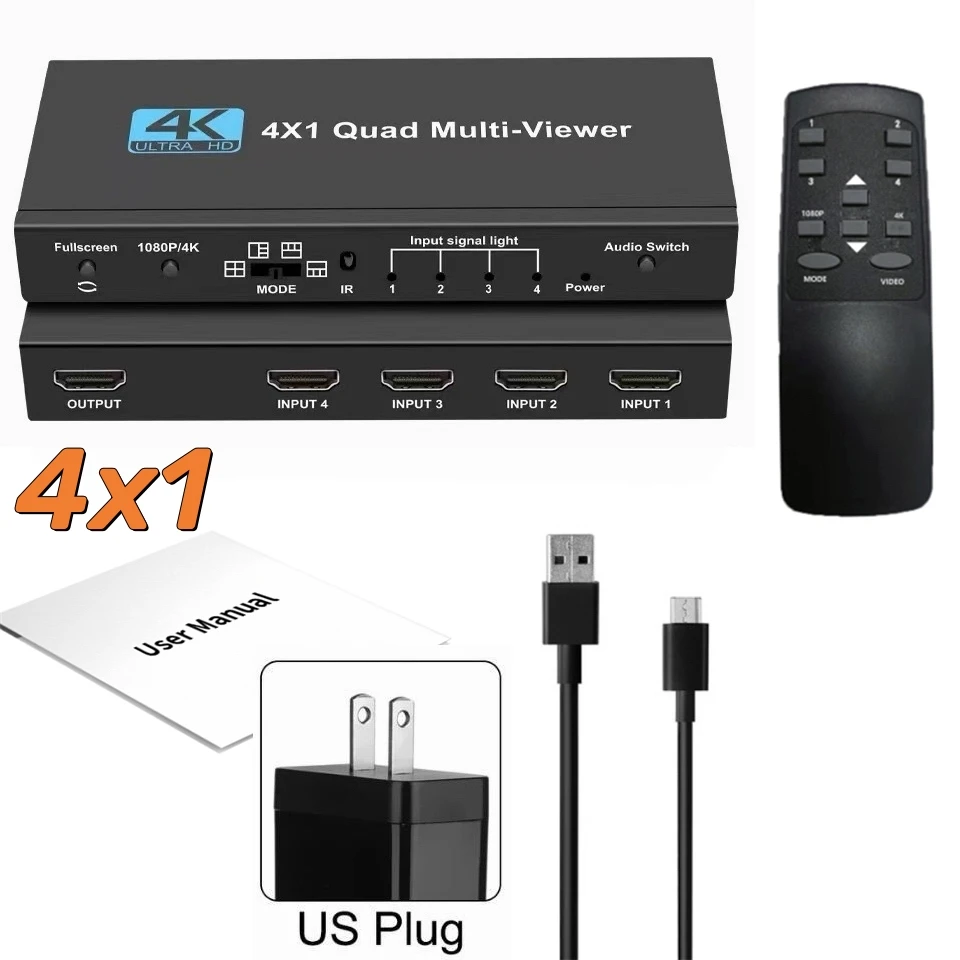 HDMI 4x1 Multi-viewer switcher 4K Seamless Quad Screen Real Time Multi Viewer Splitter 4 in 1 out HDMI Switch Adapter with IR