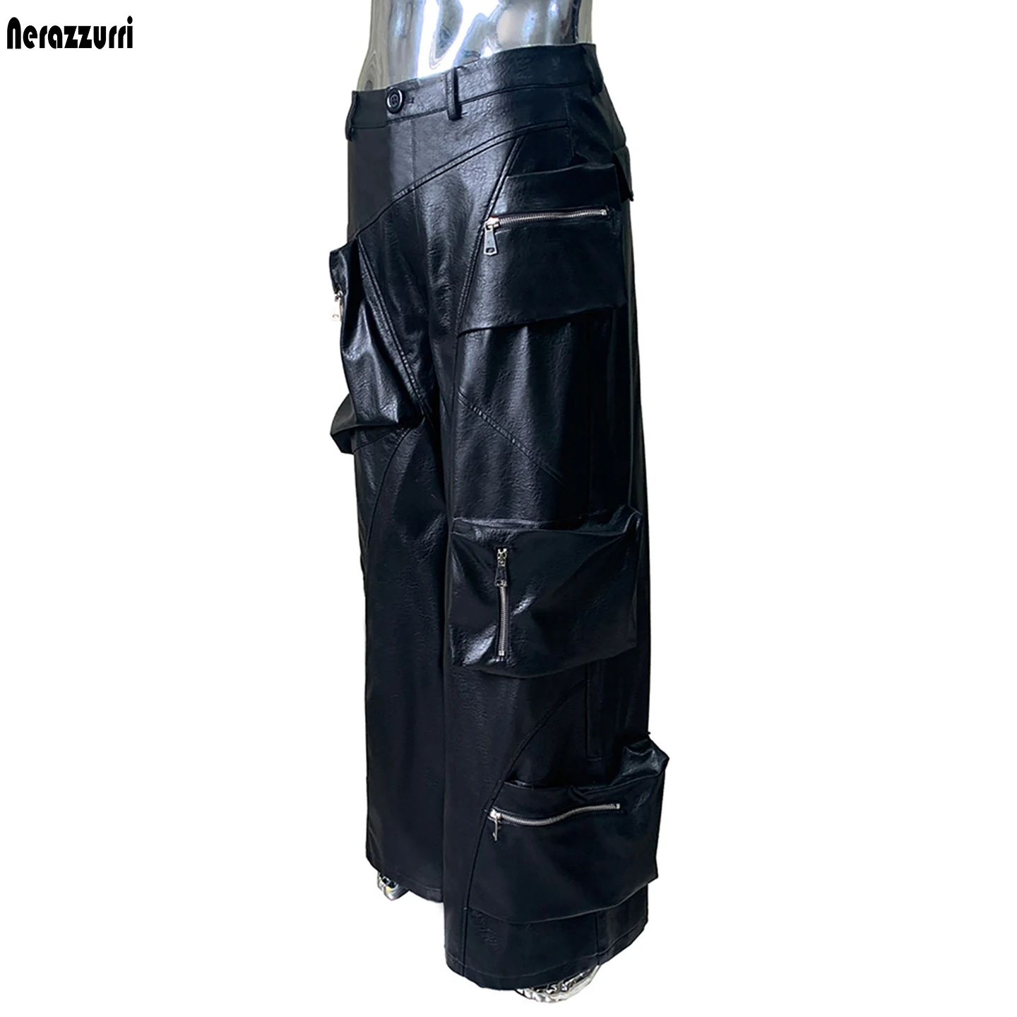 Nerazzurri Autumn Waterproof Long Baggy Black Pu Leather Wide Leg Cargo Pants Men with Many Three-dimensional Pockets Menswear