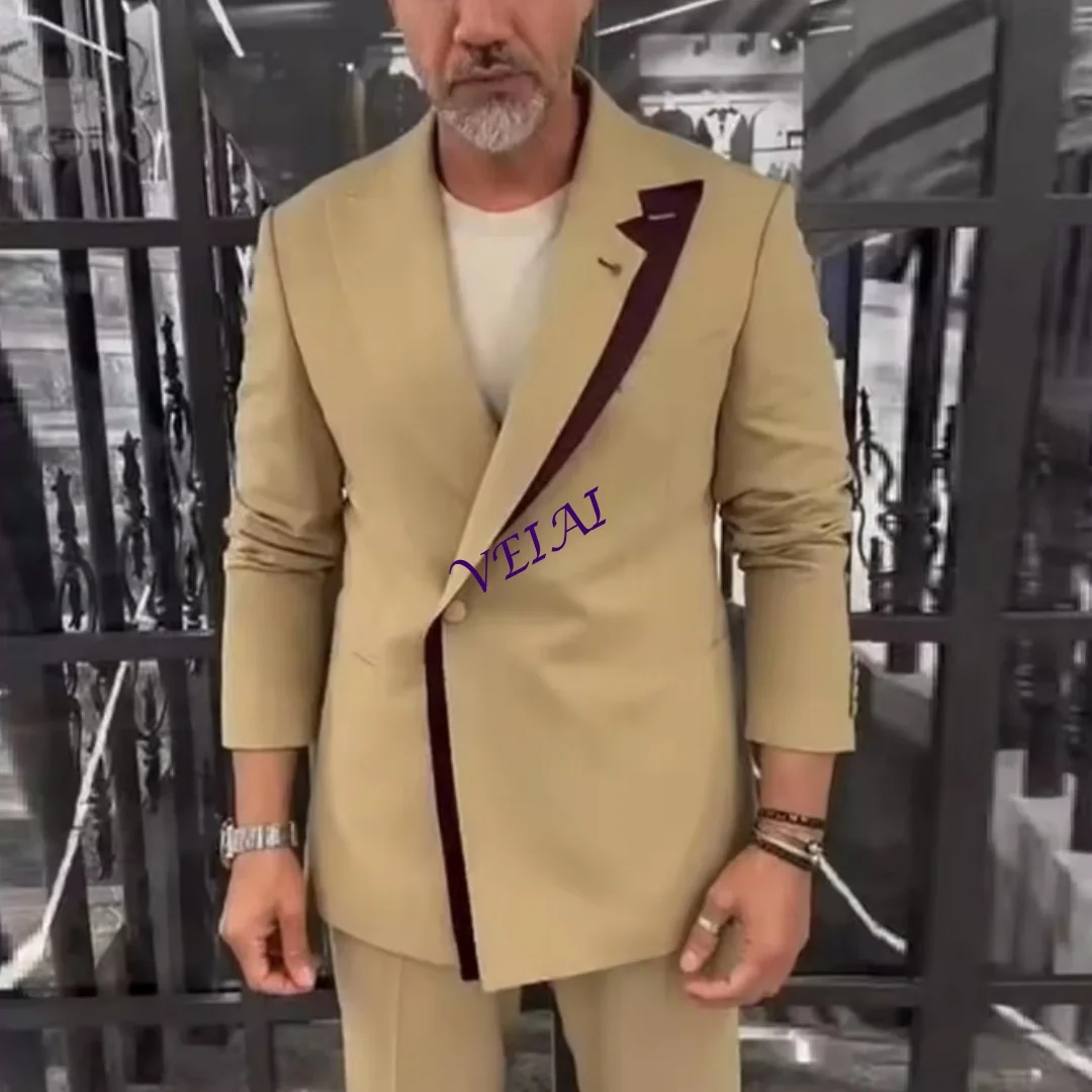 

CustomizedChampagne And Red Men Formal Occasion Tuxedos Groom Groomsman Wedding Party Prom Male Business Suit 2 Piece Set Blazer