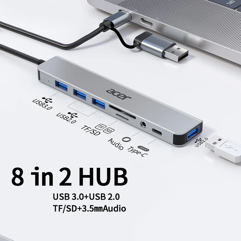 YINDIAOxACER 8 in 2 USB +Type C HUB Docking Station with 3.5mm Audio Micro SD Card Reader Laptop Tablet Phone Disk Converter