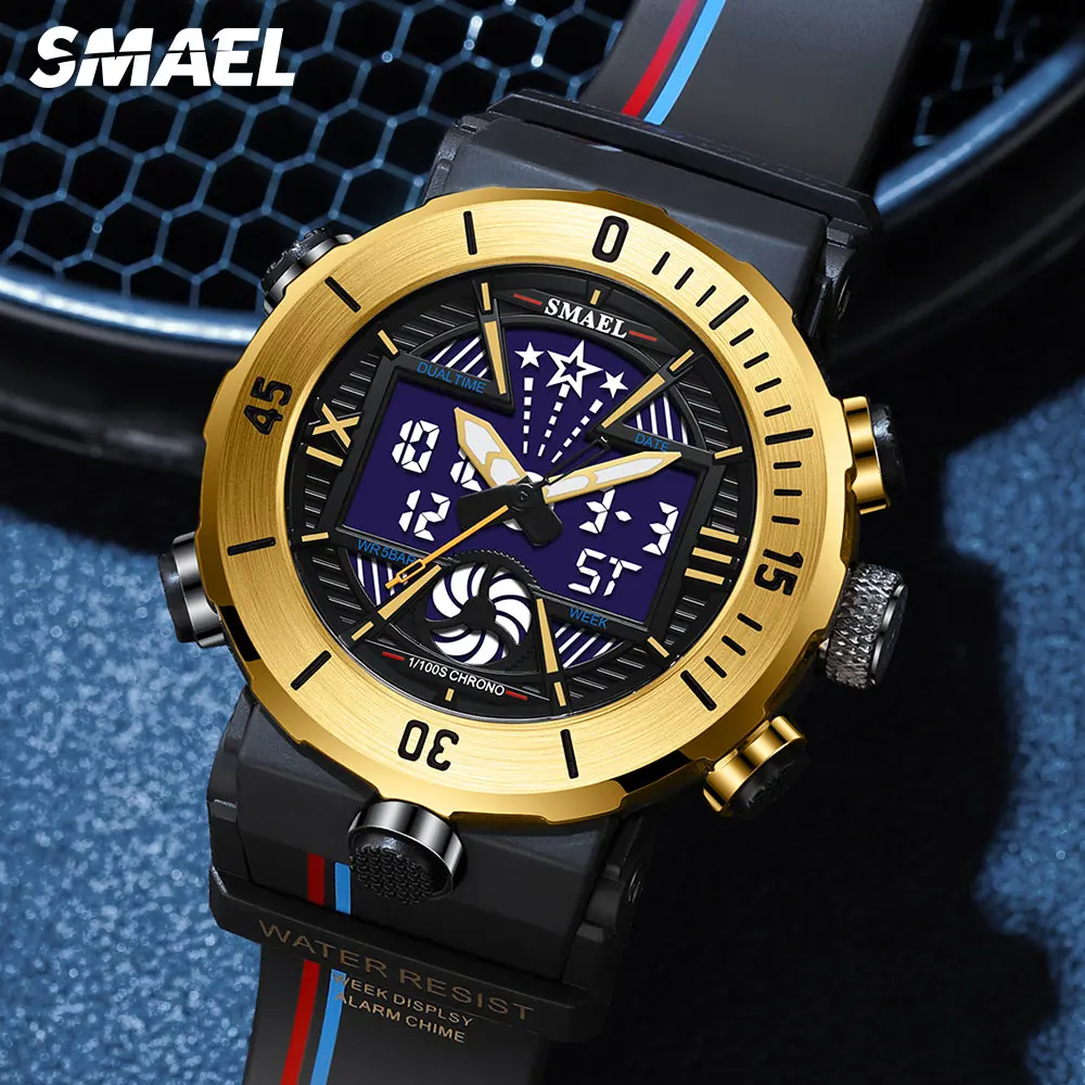 

SMAEL Watches Men Dual Time Display Quartz Digital Waterproof Chronograph Electronic Wristwatch with Date Week Alarm 8051 Gold