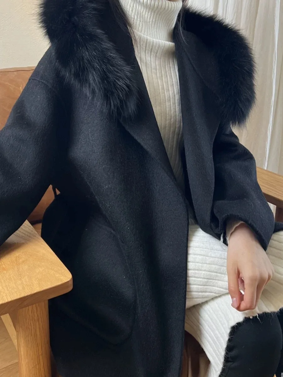 2024 new fox fur collar double-sided woolen coat medium long hooded autumn and winter slimming and anti-aging women's wool coat