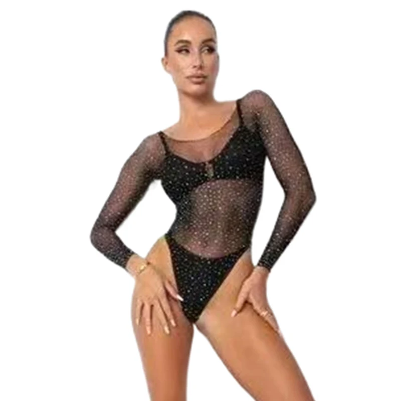 Damen Off-Shoulder Strass-Mesh-Bodysuit Transparenter Netz-Bodystocking Glitzerndes Oberteil Nachtclub Bühne Musikfestival Party-Outfits – Detail 3