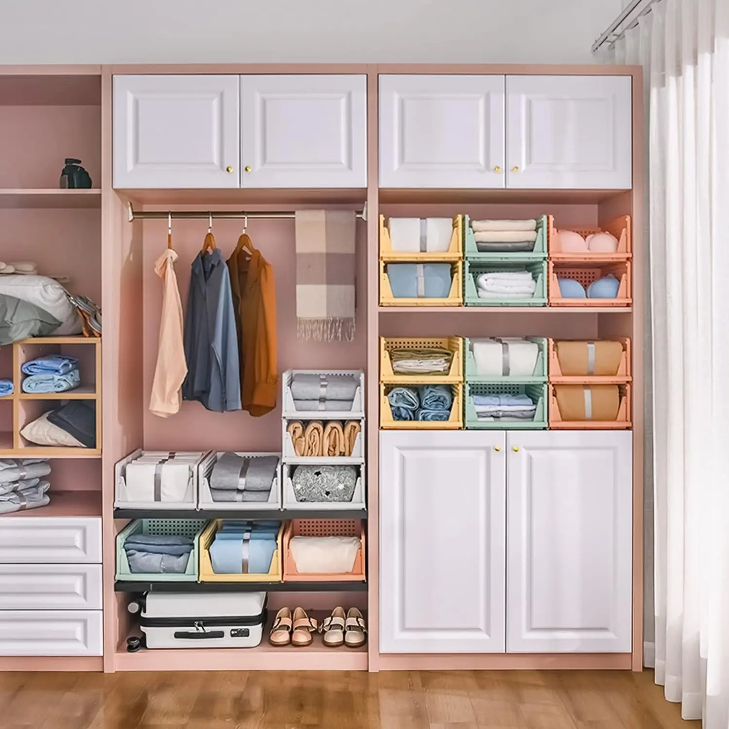 Stackable Folding Closet Organizers, Storage Box, White Color, Plastic Drawer Basket, Bedroom Accessories, Cheap Price