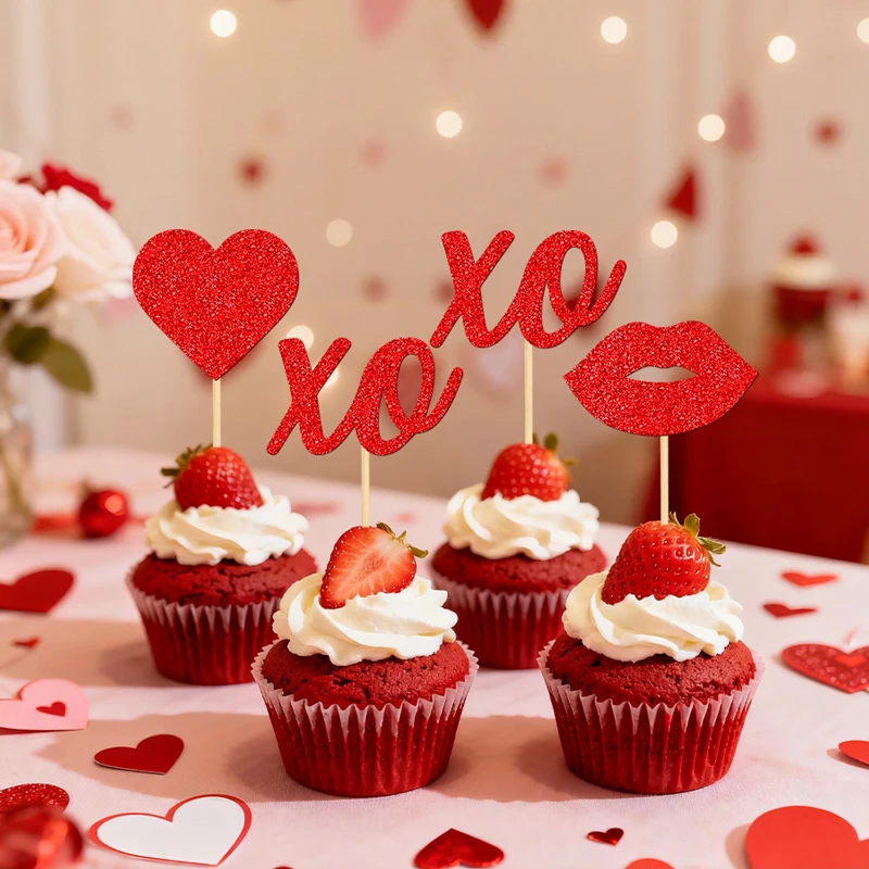 YOMDID 24 Stück Cupcake-Topper zum Valentinstag, glitzernde Lippen, Herz-Cupcake-Topper für Hochzeitsduschen, Valentinstag-Dekorationen
