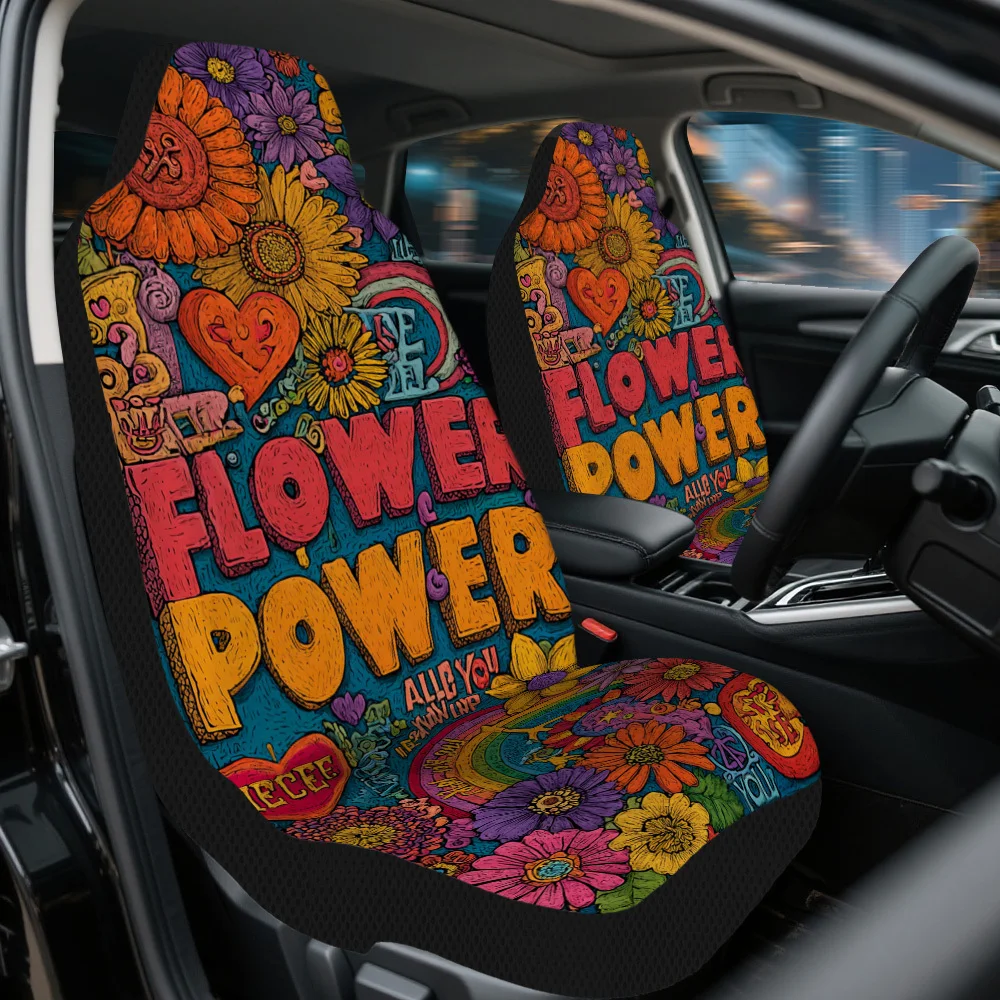 2pcs Hippie Flower And Peace Print Car Seat Covers – Fit For Cars, Trucks, Vans, SUVs | Durable Front Seat Protectors | Easy To