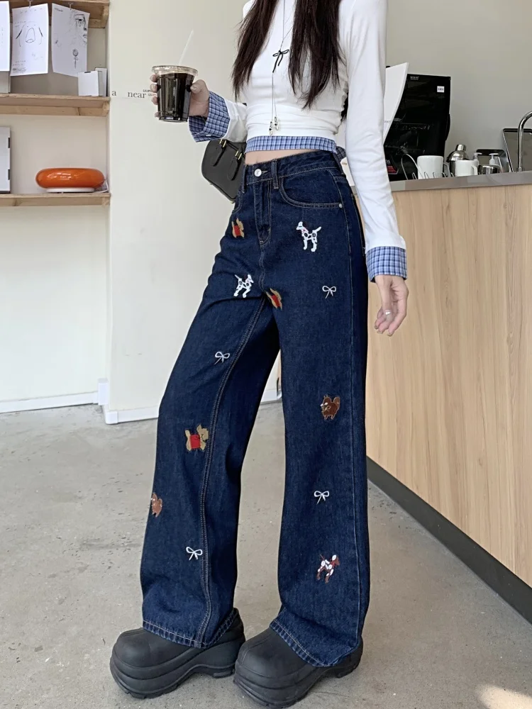 2024 Ropa Y2K Fashion Butterfly Knot Puppy Embroidery Baggy Jeans Pants For Women Clothes Dark Blue Straight Lady Denim Trousers