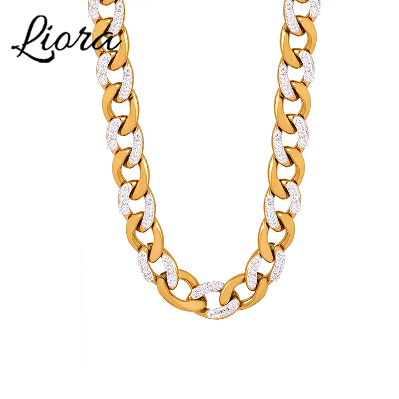 

Liora New 12mm Stainless Steel Cuban Chain Jewelry Set for Women Luxury Rhinestone Charm Unisex Waterproof Necklaces Bracelets