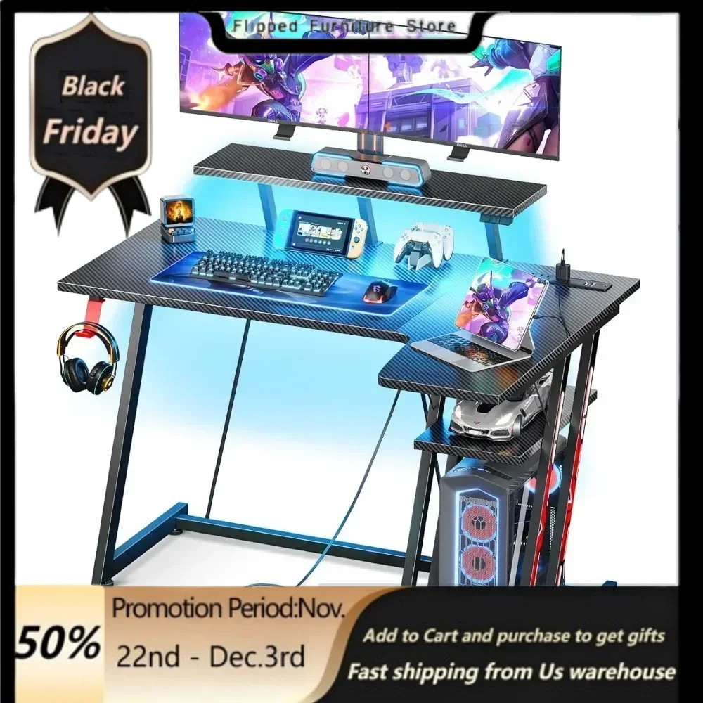 

Small Gaming Desk with LED Lights & Power Outlets, 39 Inch L Shaped Gaming Computer Desk with Storage Shelf, Gamer Desk