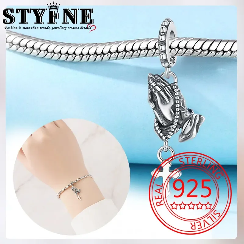 Symbols 2025 Beads 925 Sterling Silver Praying Hands Cross Necklace Set of Two Charms for Women's Jewelry DIY Pulseras Gift