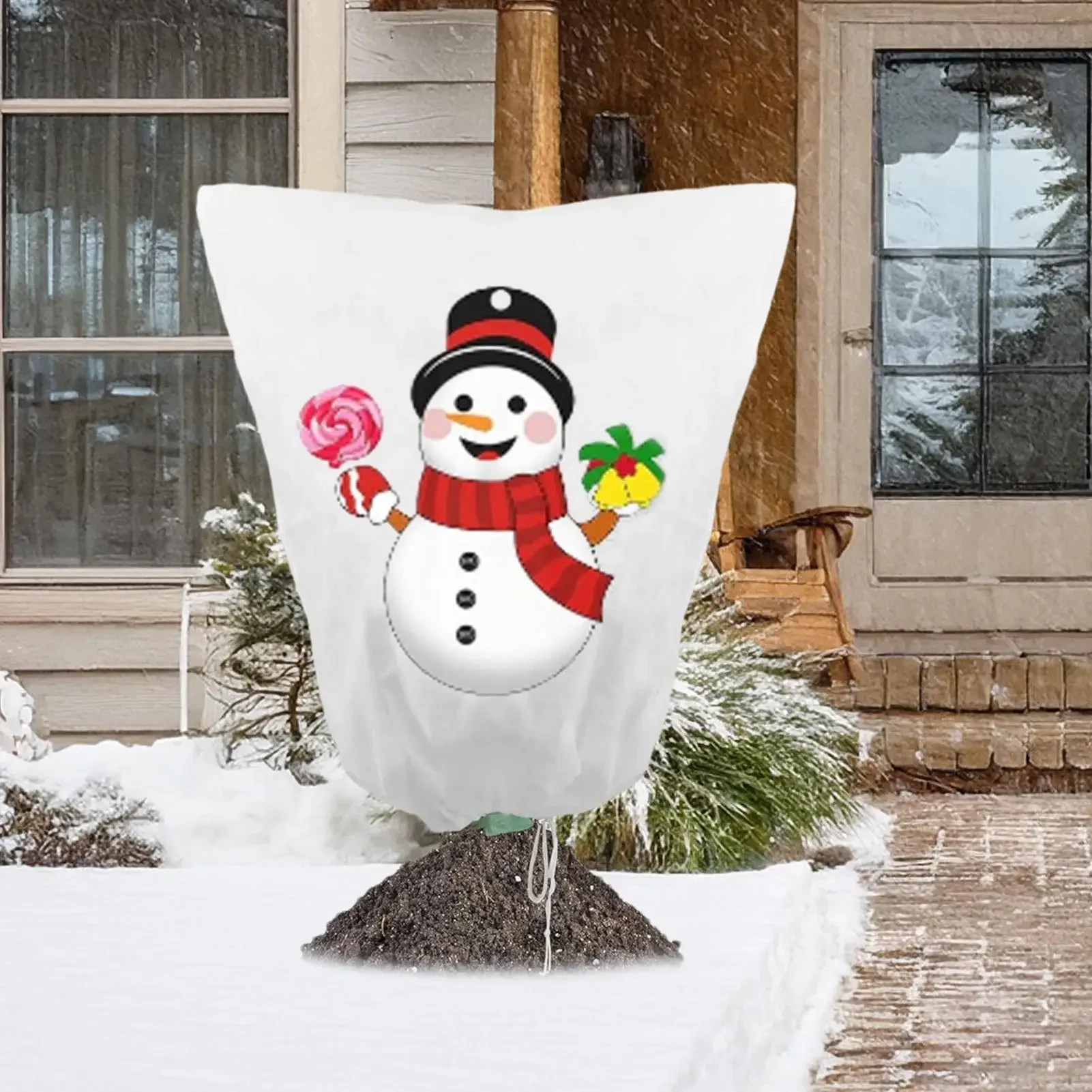 Christmas Prints Winter Plant Protector Plant Covers Freeze Protection Breathable Non-woven Fabric with Zipper Drawstring Buckle