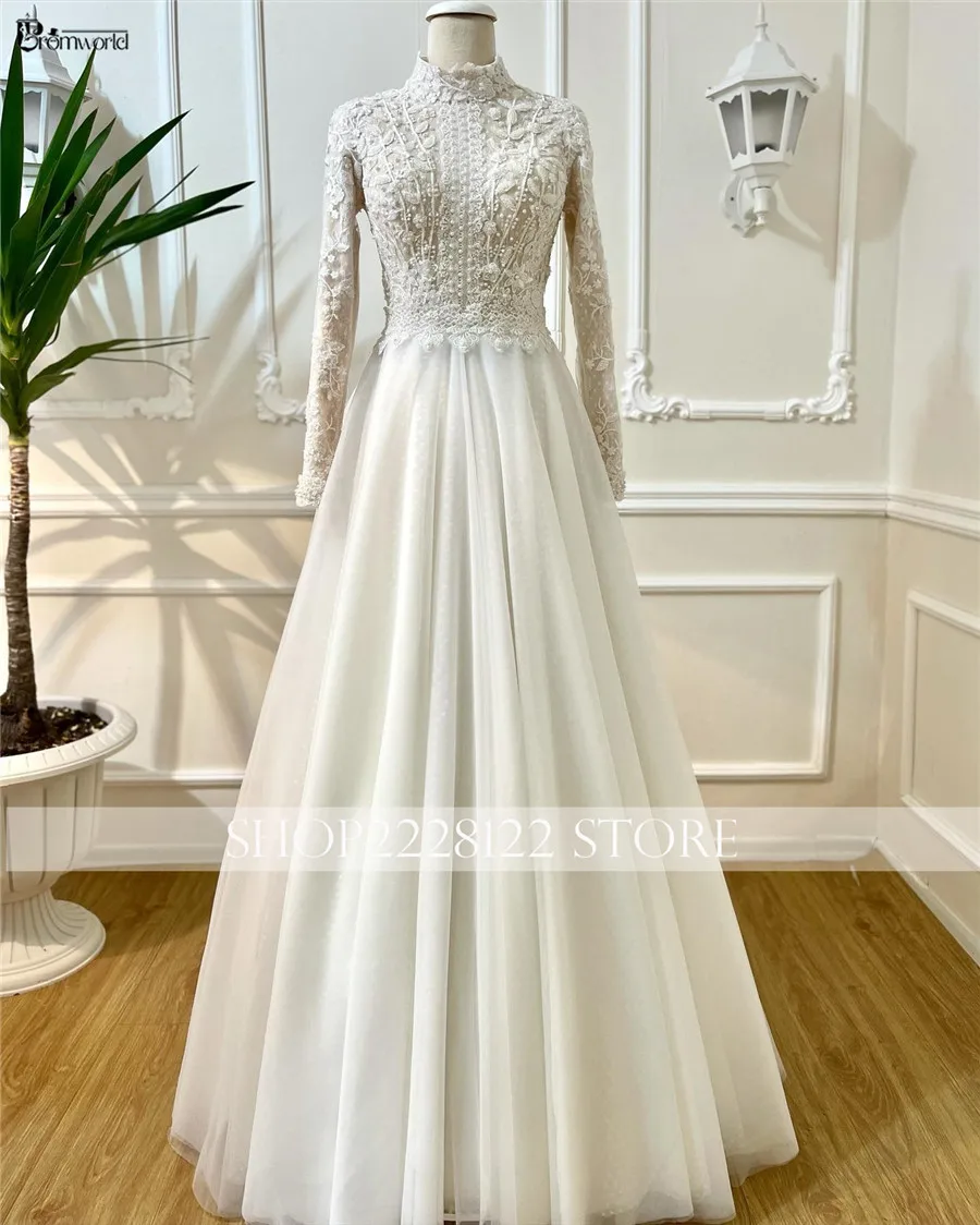 Princesa frança vestidos de casamento para noiva 2025 a linha rendas dubai muçulmano vestido de noiva com mangas vestido de casamento