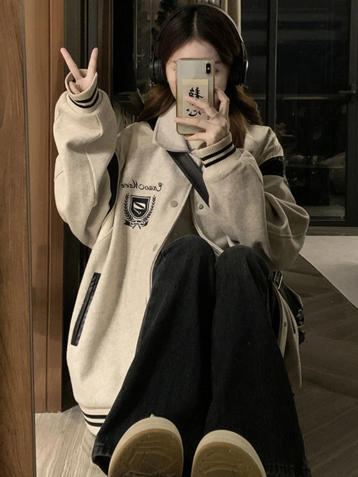 Women's Nylon Plaid Safari Baseball Jacket sherpa lining detached showing fluffy texture and snap-button attachment points