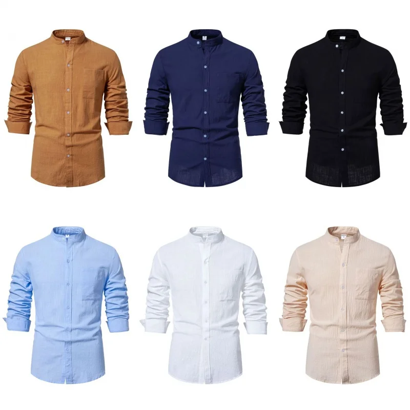 

SZYL-Products in Stock New Popular Men's Cotton Linen Long Sleeve Blouse Men's Long Sleeve Solid Color Men