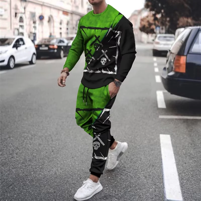 Vendita calda Autunno Abbigliamento uomo T-shirt a maniche lunghe da uomo stampata in 3d + pantaloni Set da due pezzi T-shirt a maniche lunghe da uomo Pantaloni Outfit