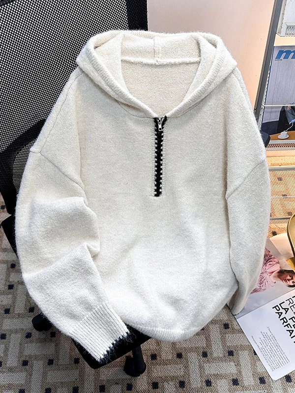 

Мужской свитер с капюшоном на молнии, вязаный, с длинным рукавом, свободного кроя, повседневный, теплый, удобный, в американском стиле, для зимы