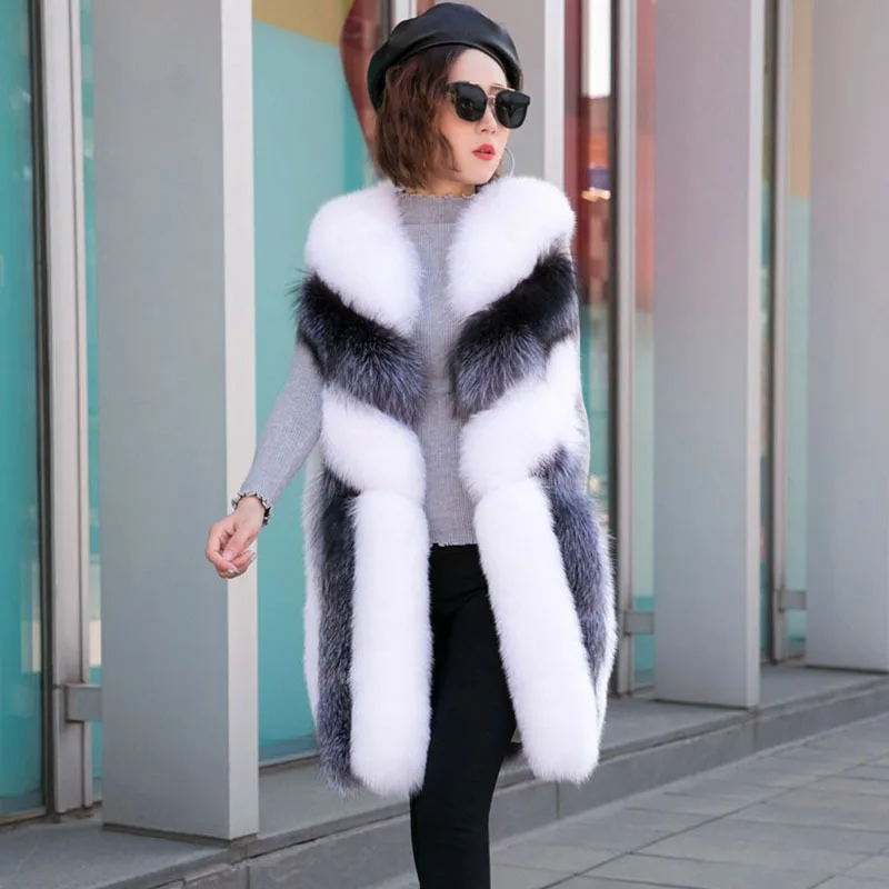 Faux Fox Fur Vest Coat Women Spliced Sleeveless Jacket Color Block Open Stitch Straight Thick Elegant Casual 2025 Autumn Winter