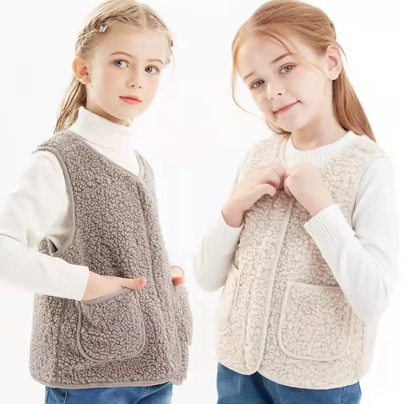 New Spring Autumn Winter Children V-Neck Vest Lamb Cashmere Boys Girls Vest Warm Clothes With Pockets Outfits