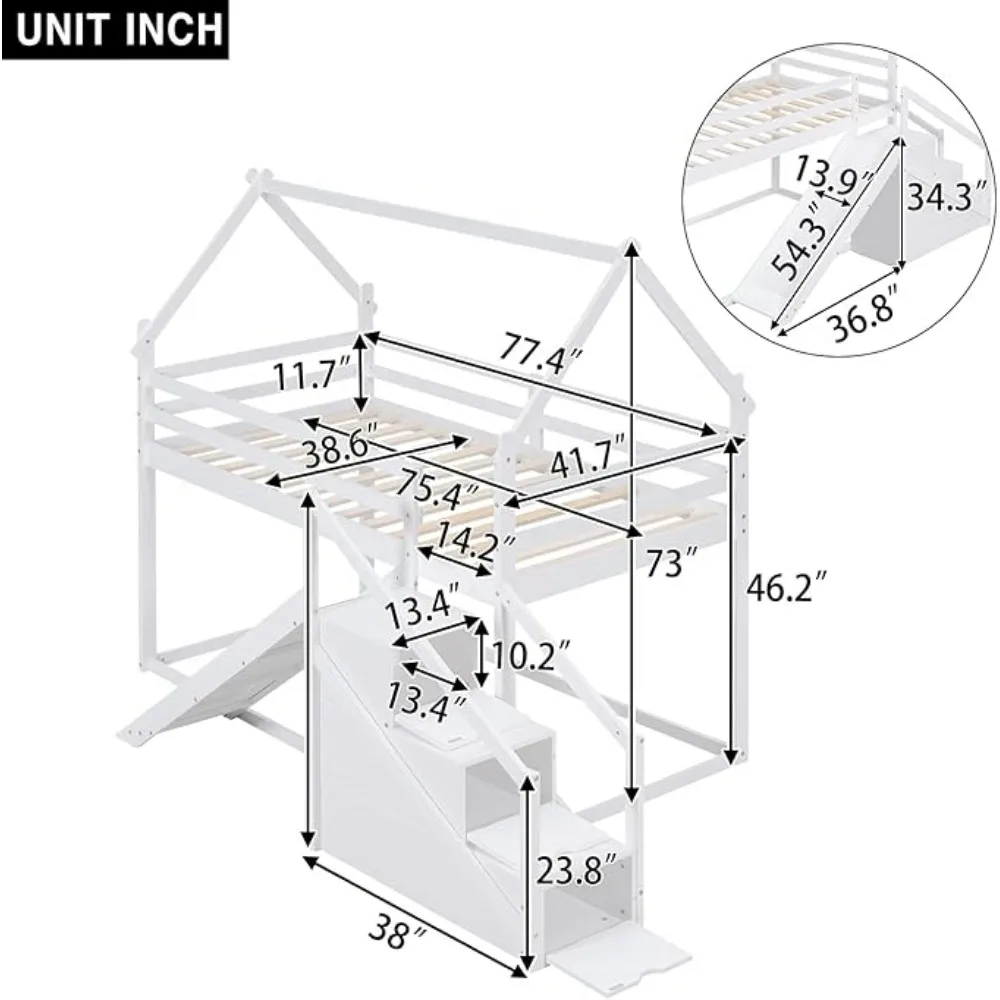 Twin Over Twin House stapelbed met glijbaan en trap, massief houten hoogs-/stapelbedframe met veiligheidsleuningen voor kinderen