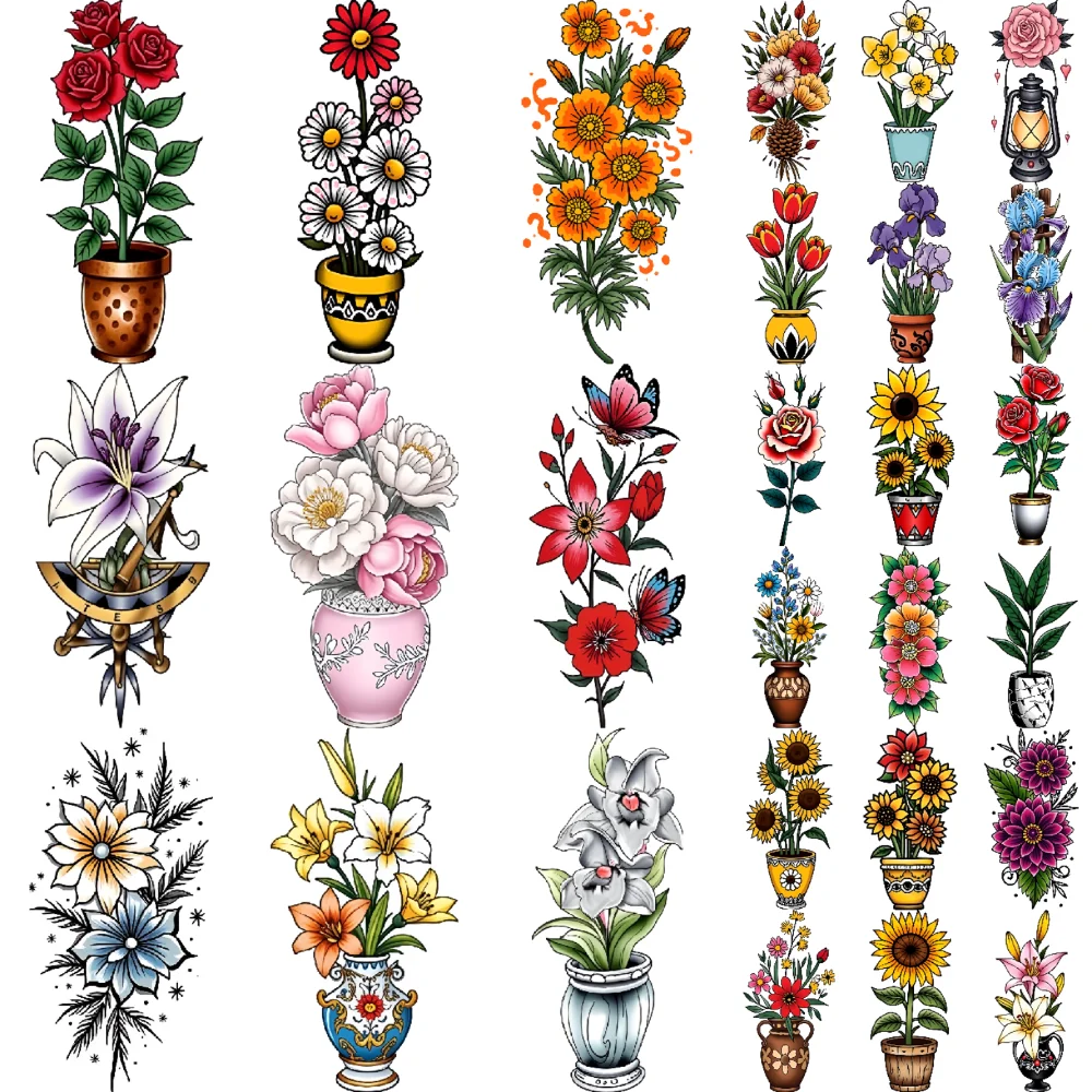 

28pcs Temporary Tattoo Floral Arrangements Temporary Tattoo Stickers Potted Flowers Sunflowers For Shoulders Arms Women