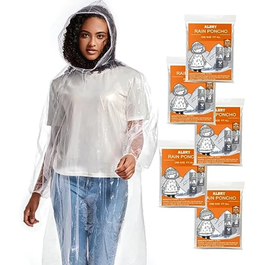 

ALBRY Disposable Rain Ponchos for Adults with Drawstring Hood - Emergency Rain Ponchos Family Pack for Women and MenClear