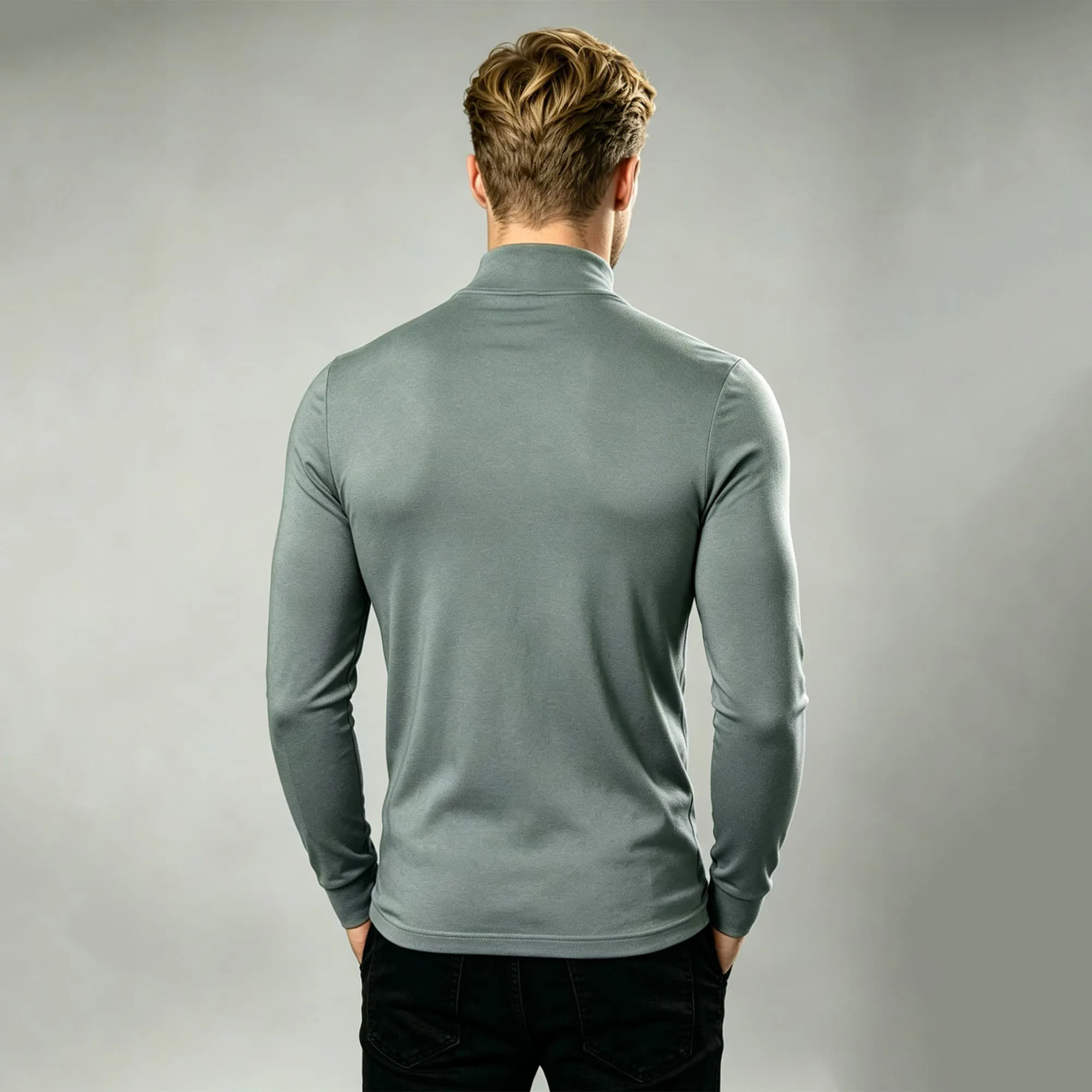 Minimal Tropical Accent Mock Neck Shirt For Men, Subtle Palm Tree Graphic On Chest,  Everyday Long Sleeve Tee