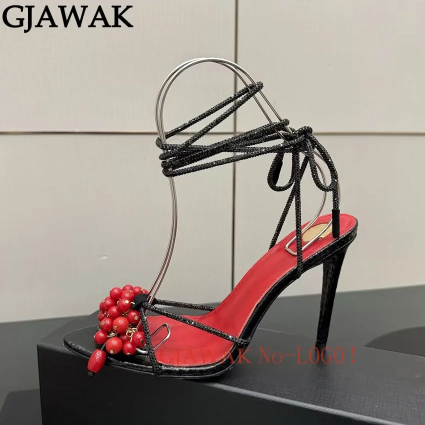 Hot Sale Silk High Heels Sandals Women String Bead Party Shoes For Woman Ankle Strap Crystal Women's Modern Sandalias Mujer