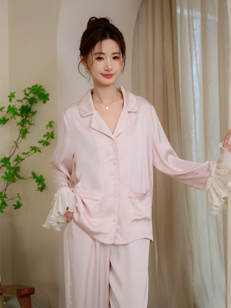 Plus Size Loose Ice Silk Pajamas Suit Women\'s Spring Autumn 2024 New Fashion Pink Ruffled Sweet Outer Wear Home Clothes