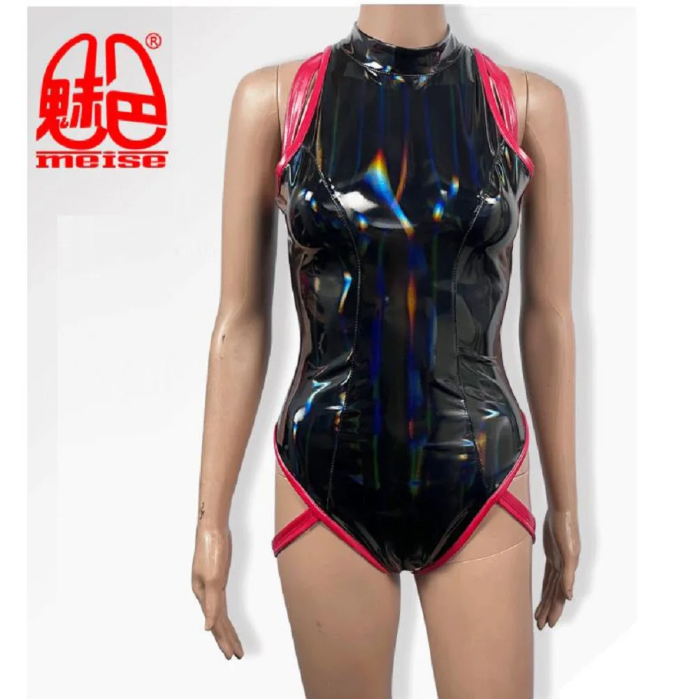 Woman Bodysuits Faux Leather Sex Appeal T Crotch Sleeveless Jumpsuit Catsuit Tight PVC Straitjacket Bright Patent Leather Onesie