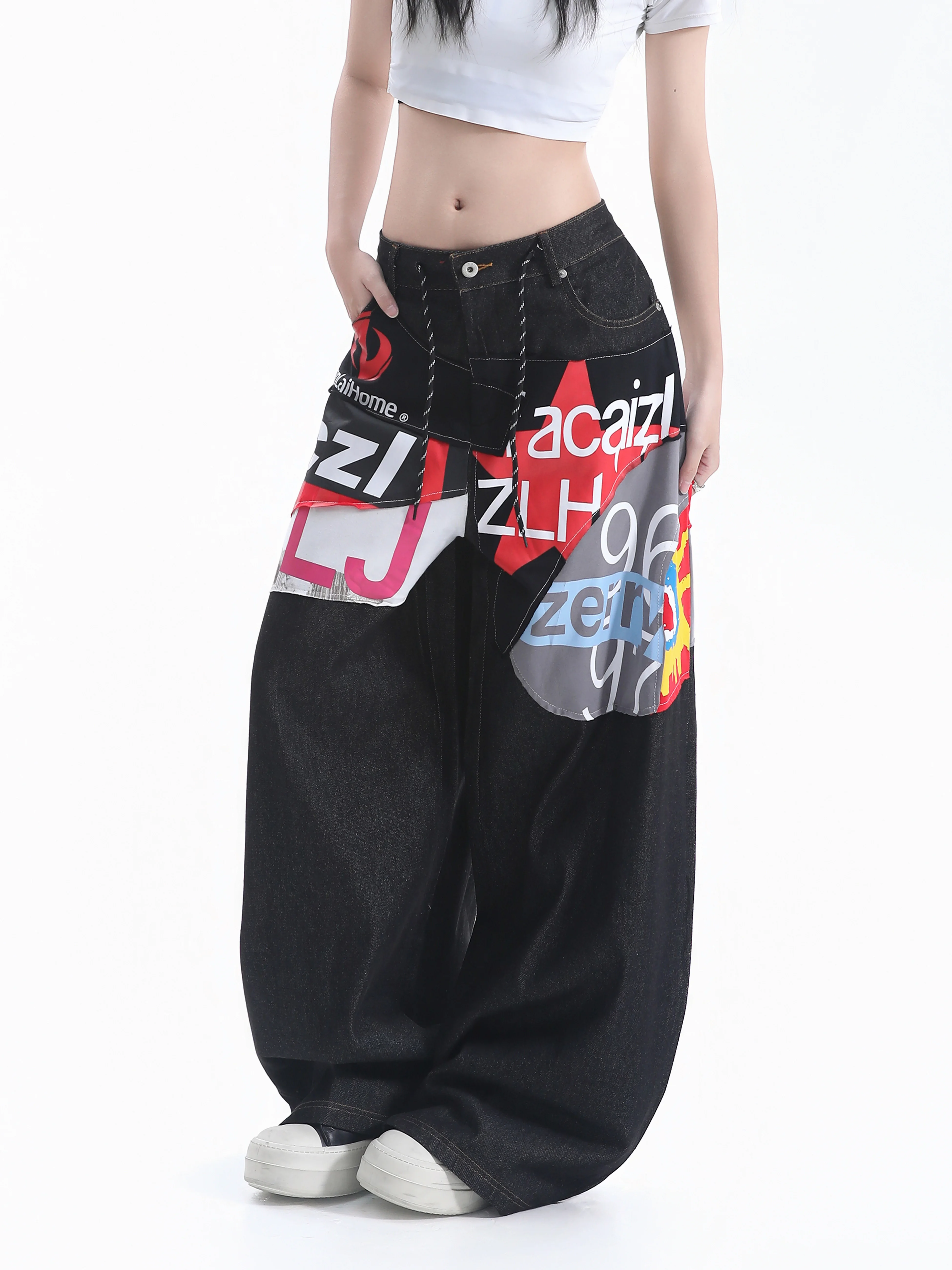Smallqiuqiu High Street Graffiti Denim Pants Women's Letter Patch Drawstring Floor-Length Wide Leg Pants Couple's Style