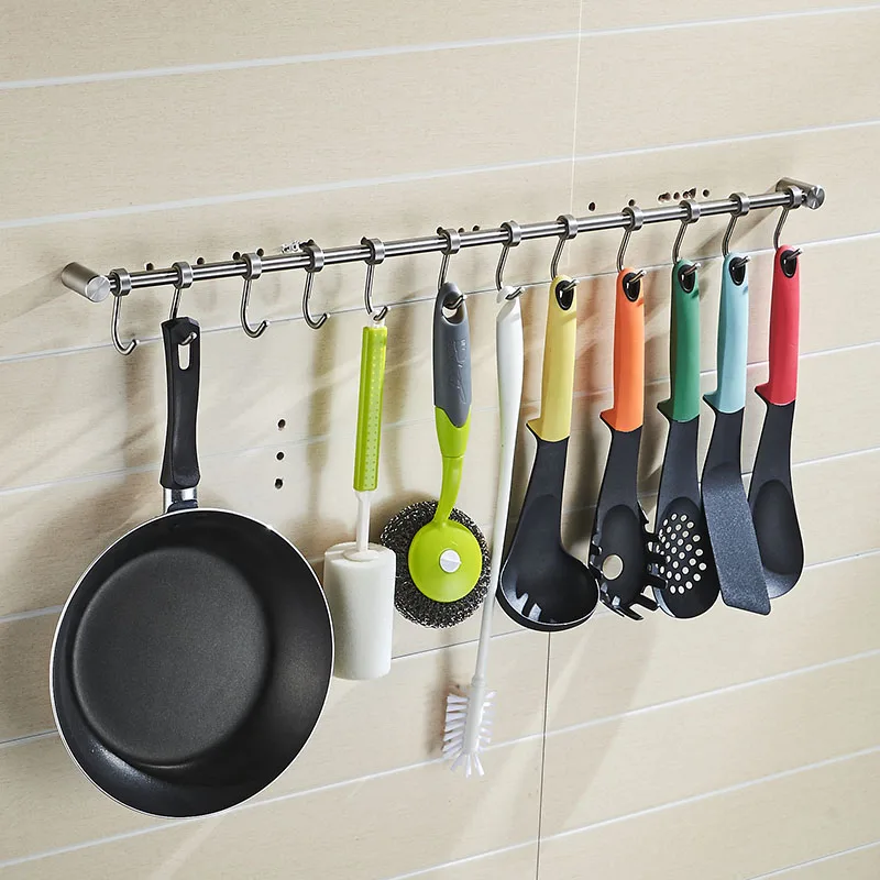 Wall Mounted Utensil Rack Stainless Steel Hanging Kitchen SHOUER ROOM Rail with 10 Hooks SU304