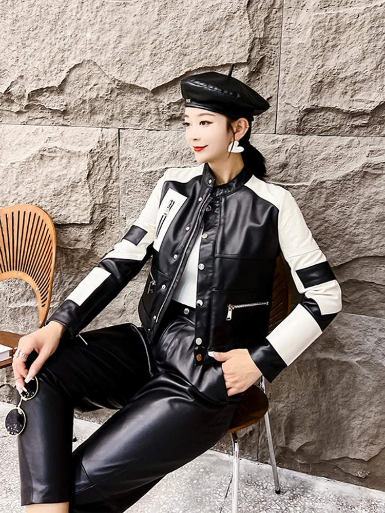 Spring Fashion Women Colors Mixed Real Sheepskin Genuine Leather Jacket Stand Collar Slim Fit Vintage Casual Moto Outwear Coat