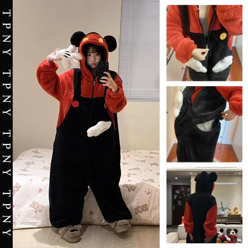 

Disney Mickey Mouse Onesies Pajamas Cartoon Hooded Sleepwear Adult Women Winter Coral Velvet Nightdress Cosplay Costume Homewear