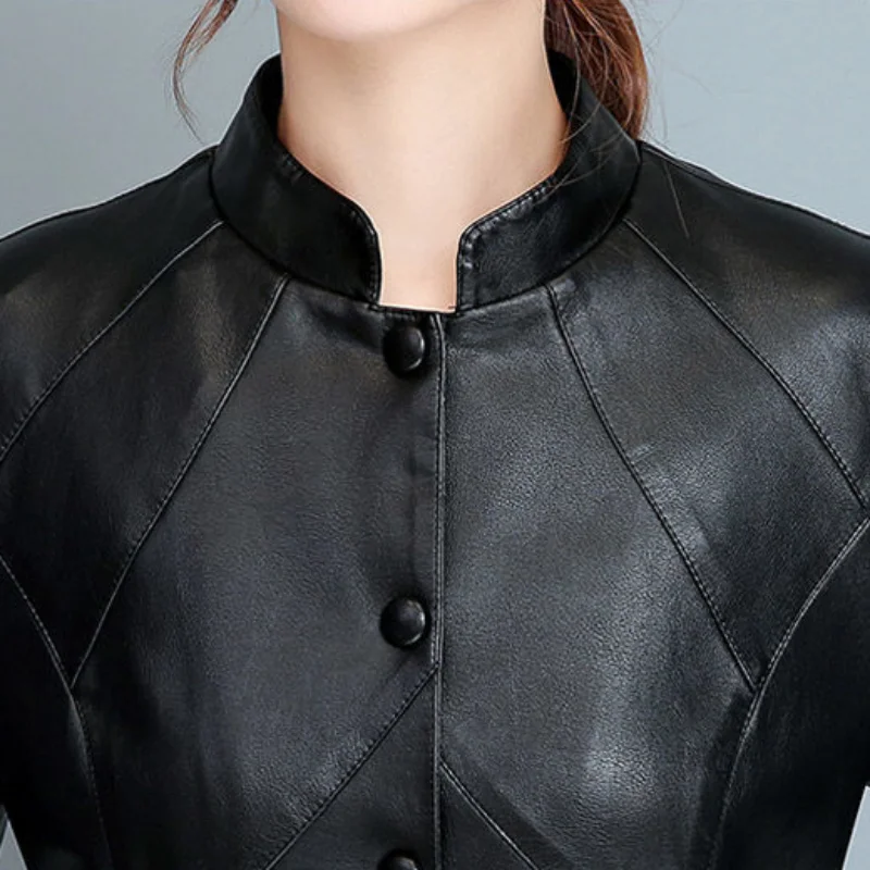 Manteau en cuir véritable mi-long pour femme, vêtements minces, col montant, manteau de tempérament à la mode, printemps et automne, nouveau, 2023