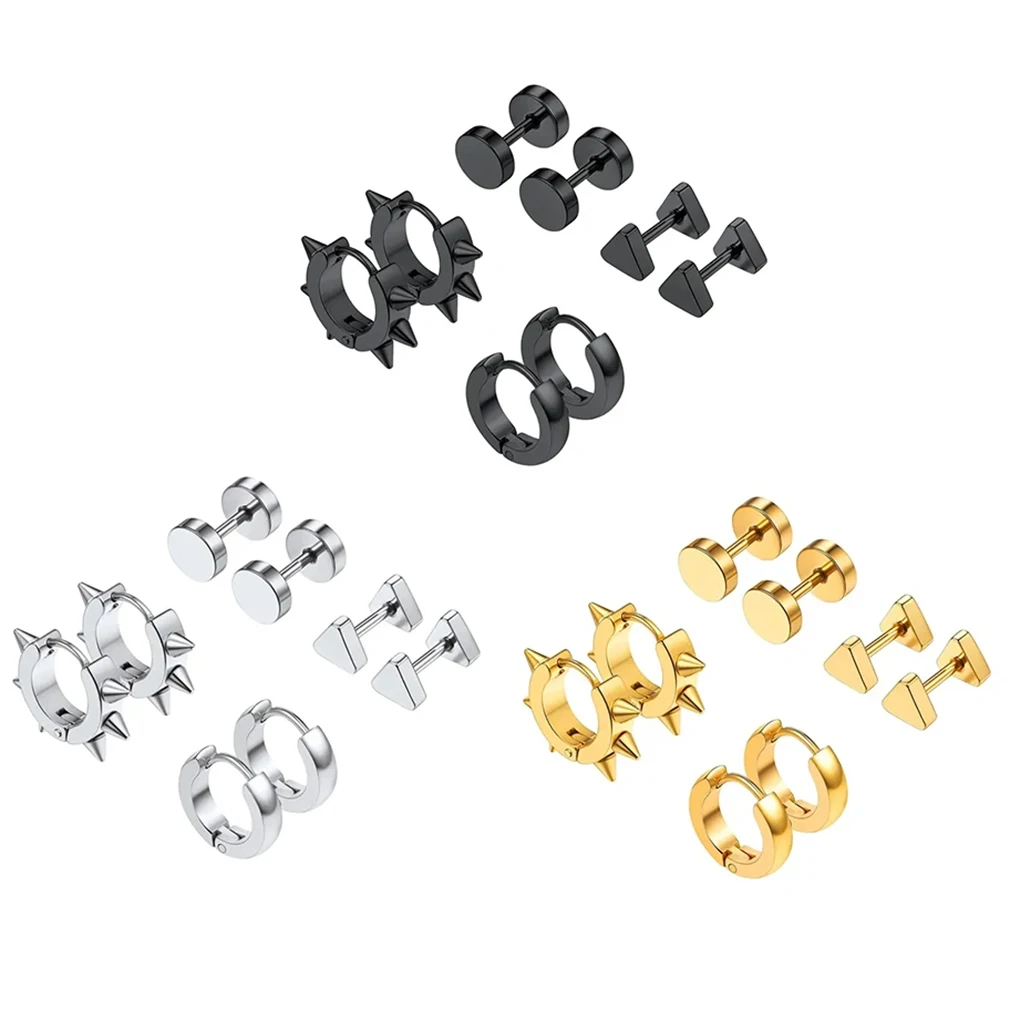 U7 الفولاذ المقاوم للصدأ 4 زوج/مجموعة Huggie وأقراط للرجل امرأة المسامير الأطواق مثلث مستدير عاشق زوجين الأذن طقم مجوهرات هدية #2