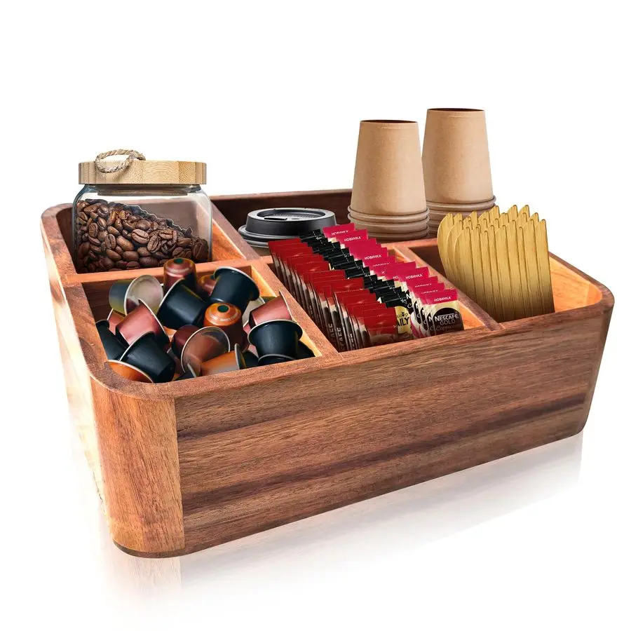 

Acacia Wood Coffee Station Organizer for Countertop, Tea Organizer and Holder, Coffee Bar Caddy with Multiple Compartments for H