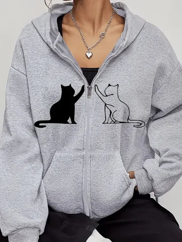 Imagen 1 del producto Playful Black Cat, Chaqueta informal con cremallera y manga larga para mujer con estampados de gatos, adecuada para todas las estaciones, sudadera con capucha para mujer