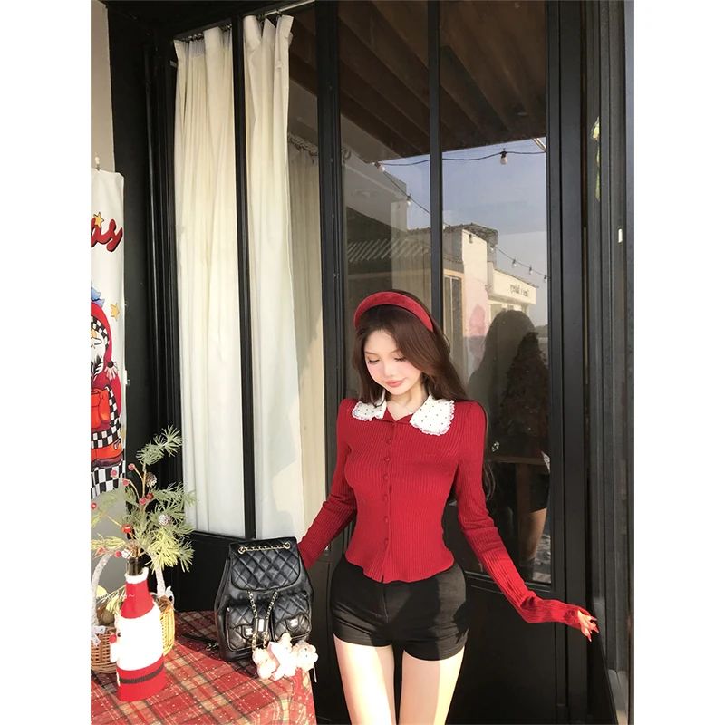 MEXZT Vintage Red Knitted Cardigan Women Christmas Cropped Polka Dots Sweater Outerwears Kawaii Knitwear Winter Korean Jumpers