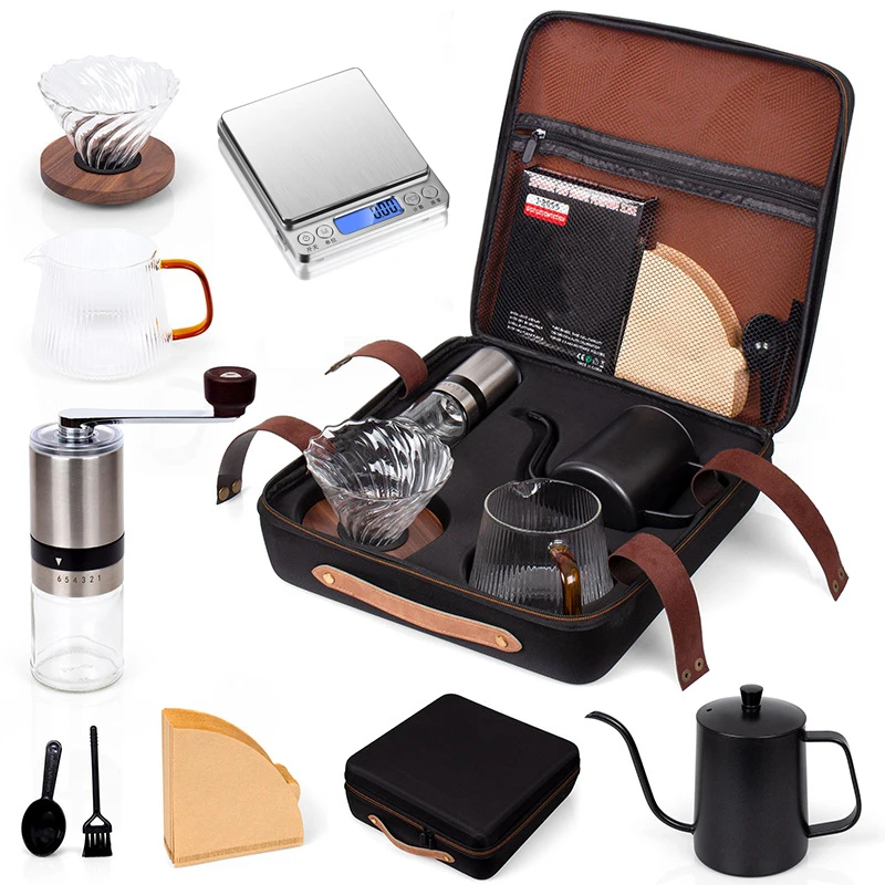 

Premium Classic Espresso Travel Drip Coffee Machine Set with Manual Grinder Filter Kettle Gift Set