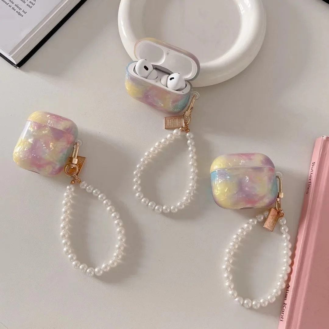 Luxury Colorful Case For Apple AirPods Pro 2 Case Shell Wireless Earphone Case For AirPods 1/2/3 Headset Box Cute Pearl keychain