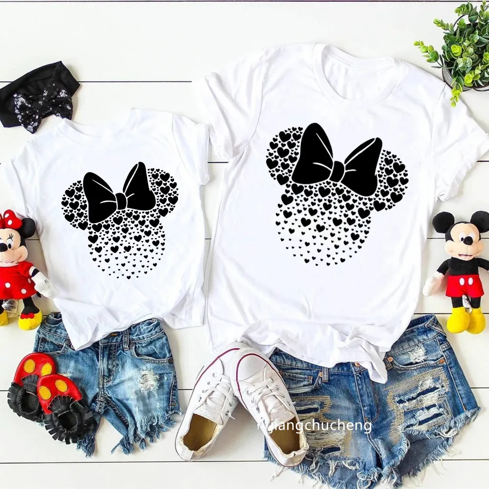 Disney Mickey Minnie Mouse Head Print Family Matching Outfits Daddy Mom Kids Tshirt Baby Bodysuits Cotton Family Look Clothes