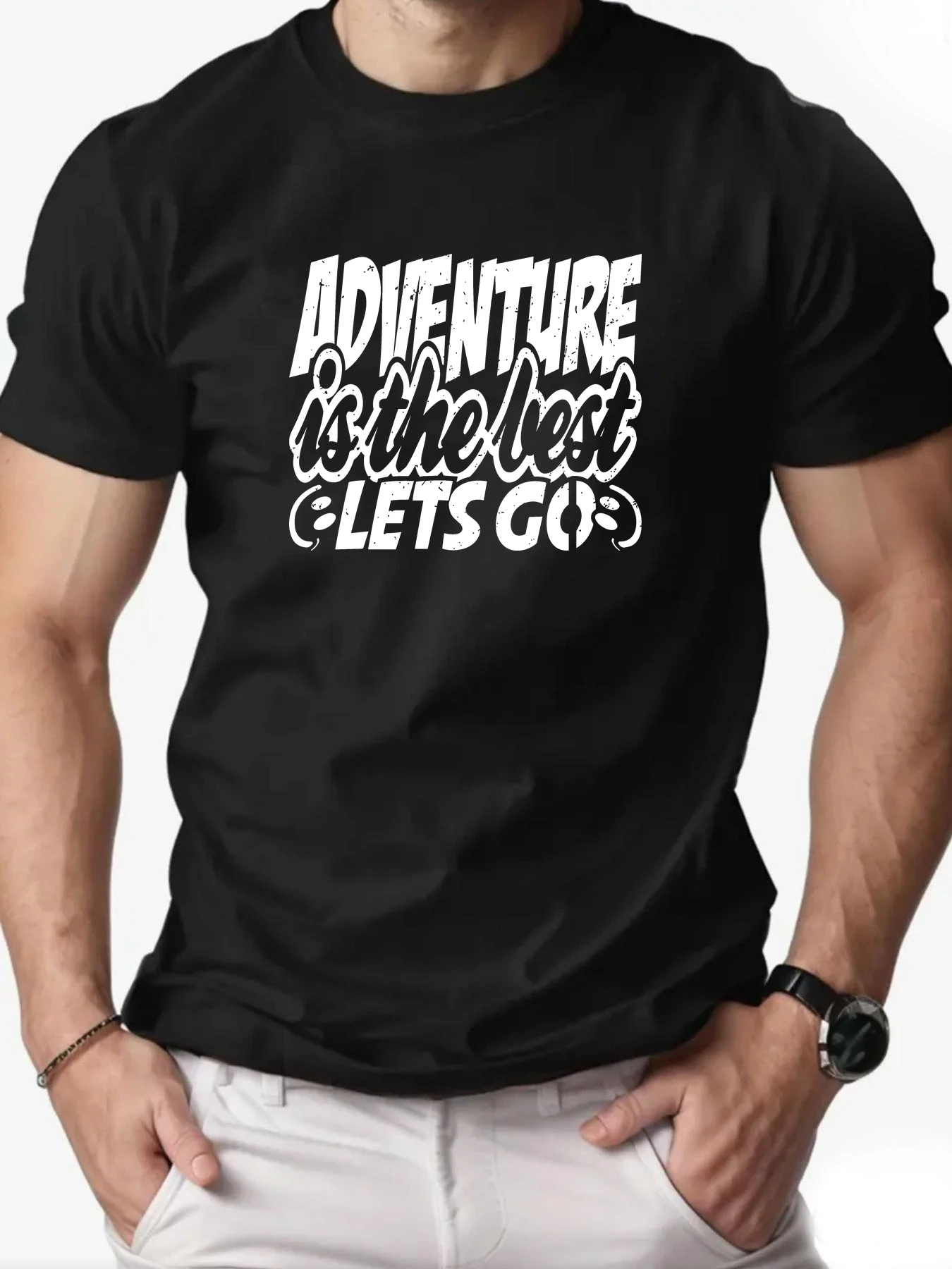 

Men T-Shirt 100% Cotton Adventure Slogan Category English Alphabet Print Summer Round Neck Breathable Short Sleeve Casual Tee