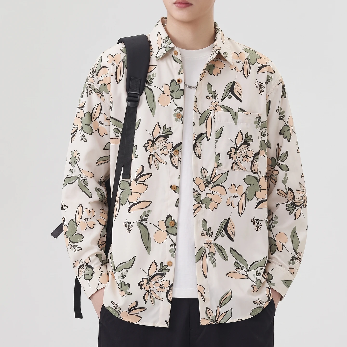2026 Autumn New Style Men's Fashion Trend Hawaiian Style Flower Shirt Loose Shoulder Full Pattern Long Sleeve Daily Casual Versa