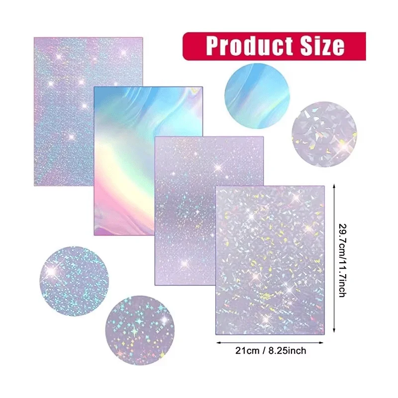 20 Sheets Holographic Printable Sticker Paper for Inkjet & Laser Printers, Waterproof Glossy Vinyl, Quick-Drying - A4 Size