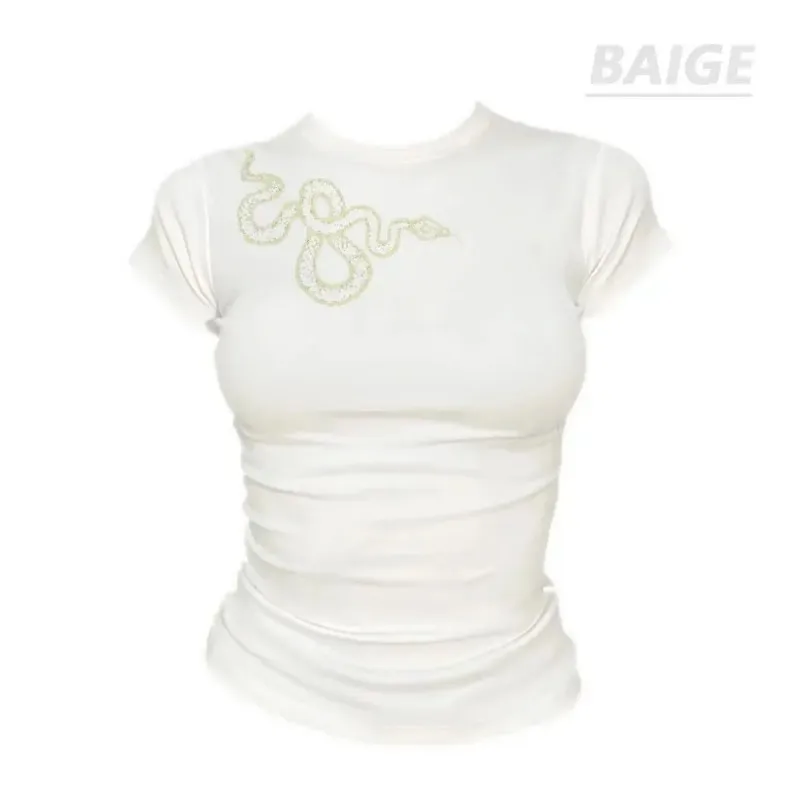 Women's Snake Print Short Sleeve T-shirt Slim Fit Y2K Streetwear Casual Top